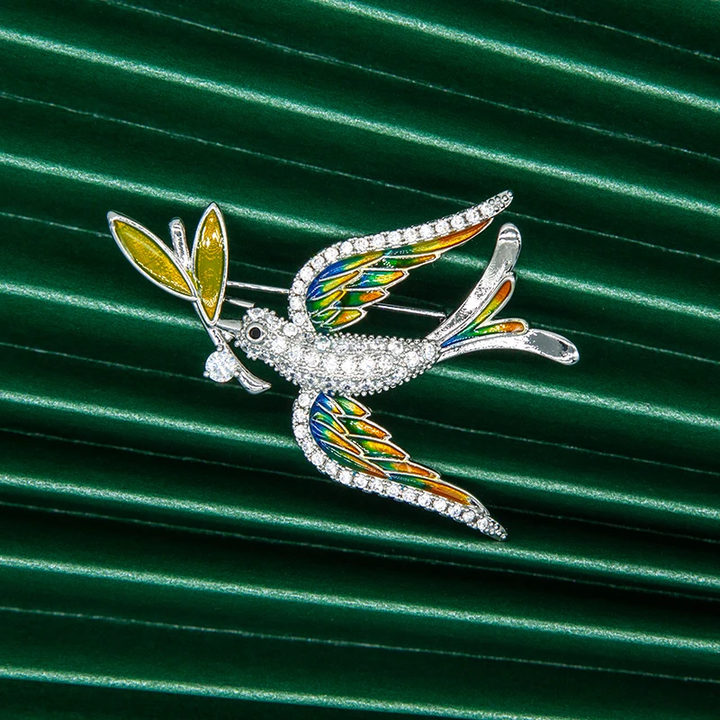 Enamel Bird Brooches For Women Men Rhinestone CZ Peace Dove Pins Olive Branch Wedding Jewelry Pigeon Badge New Year Party Gifts view 4