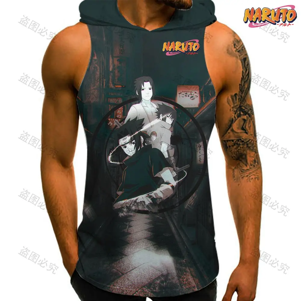 Oversized Naruto Bodybuilding Hip Hop Hooded Vest Men's T-shirts Trend Sportswear Essentials 2023 Clothes High Quality Fashion