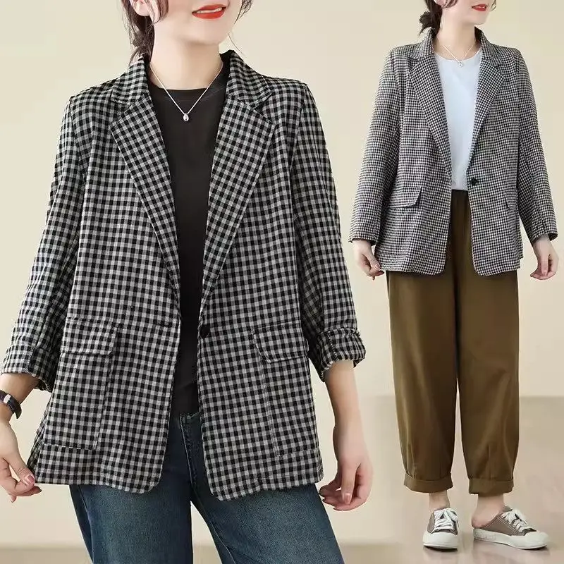 Retro Plaid Cotton And Linen Suit Jacket Large Size Women's Clothing 2024 FashionCasual Lapel One Button Autumn Blazer Top K2298