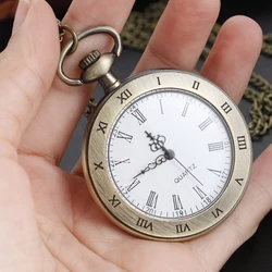 Antique Simple Wind Steel Roman Numerals Pocket Watch Bronze Antique Men Fob Chain Pendant Clock Women Children's Necklace Gift