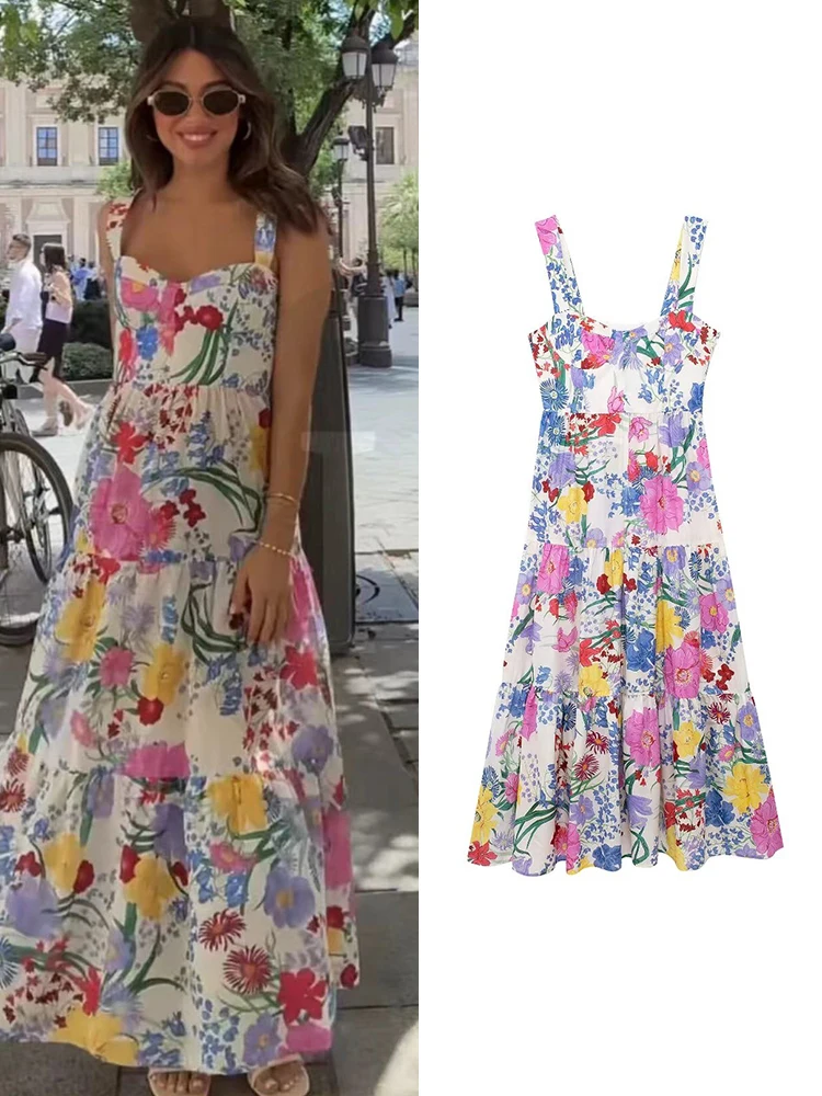 TRAF-vestido Midi con tirantes finos para mujer, camisola con estampado de flores, para vacaciones de verano, 2024