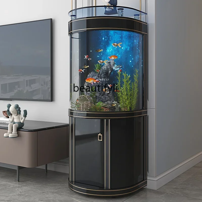 

Light luxury fish tank living room household family TV cabinet next to semi-circular bottom filter glass aquarium ecology