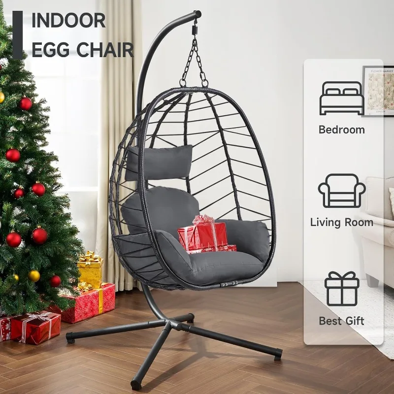 Hanging Egg Chair with Stand, Outdoor Indoor Egg Swing Chair with Cushion Headrest, Wicker Rattan Egg Chair with Chains, 35