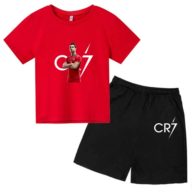 Kids Fashion Summer CR7 Sports Suits 2-14 Years Boys Girls 2pcs Casual Short Sleeve T-shirts+Pants Sets Children Idol Clothes