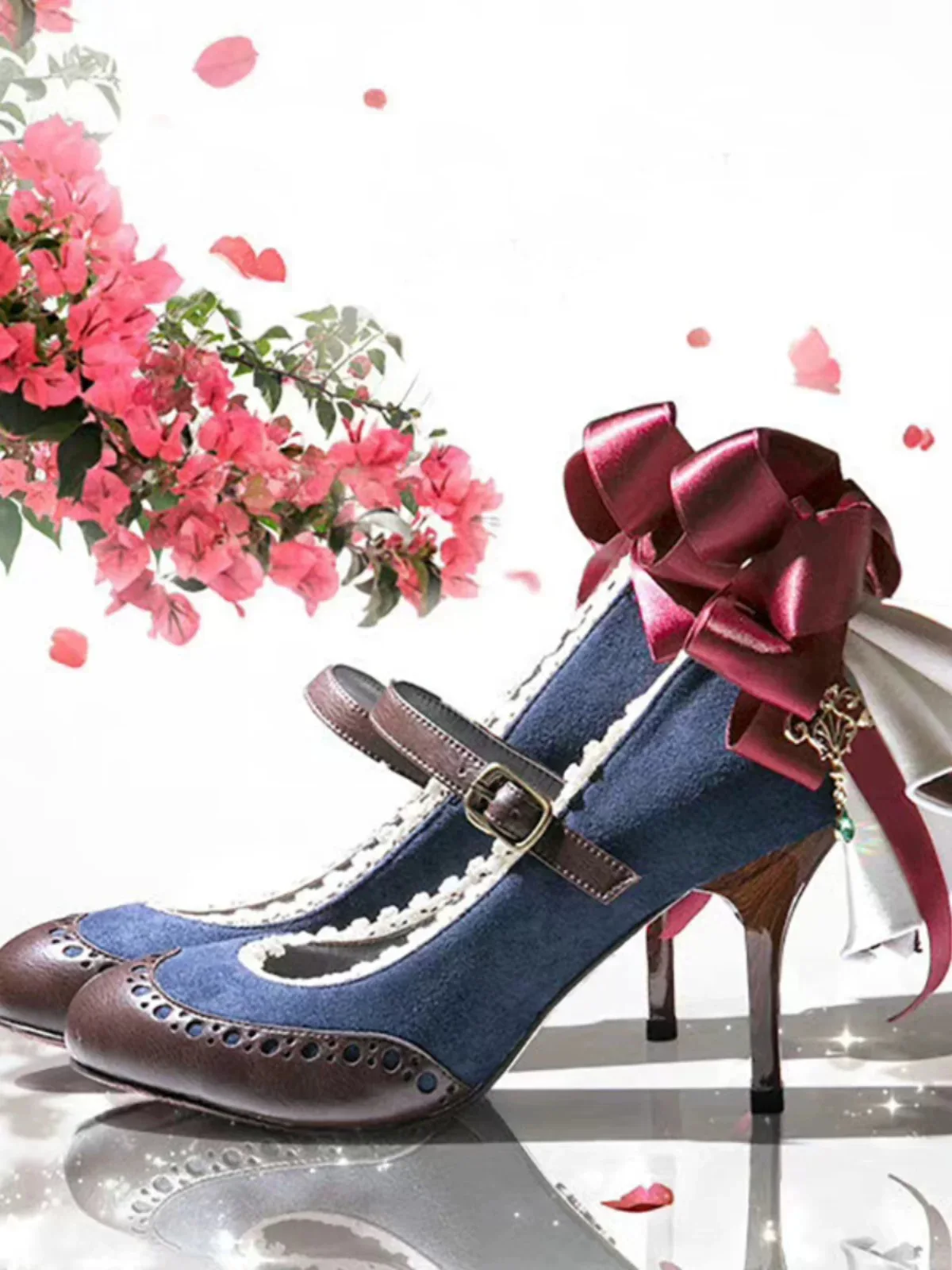 

New Women's Blue Suede Brown Leather Mary Jane Heels Large Bow Decor Lace Trim Perforated Toe Stiletto High Heel Lolita Pumps
