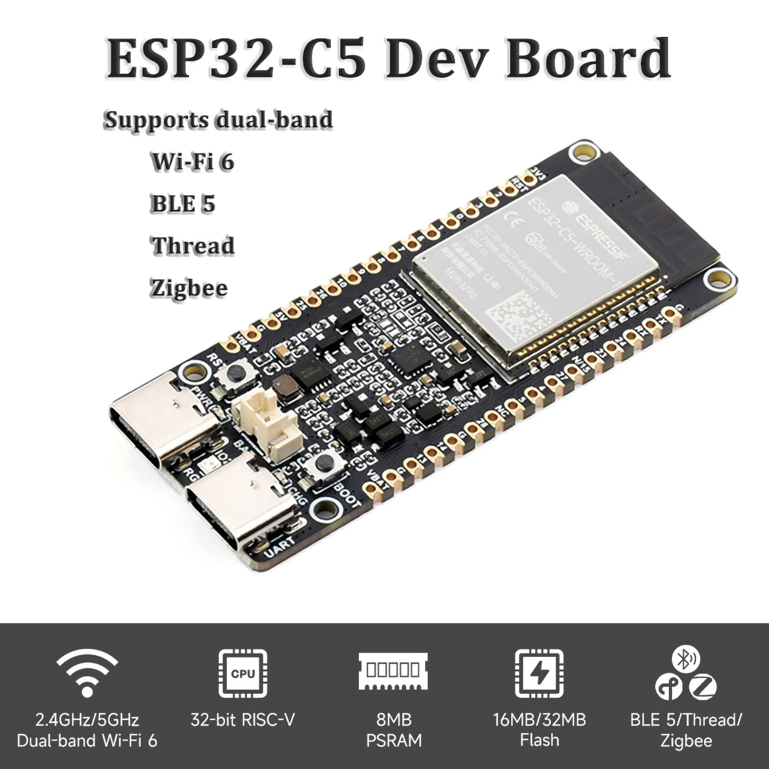 Waveshare ESP32-C5 Dual-Band N16R8/N32R8 Wi-Fi 6 & BLE 5 Dev Board, Espressif ESP32-C5-WROOM Module, Multi-protocol, for IoT Hub