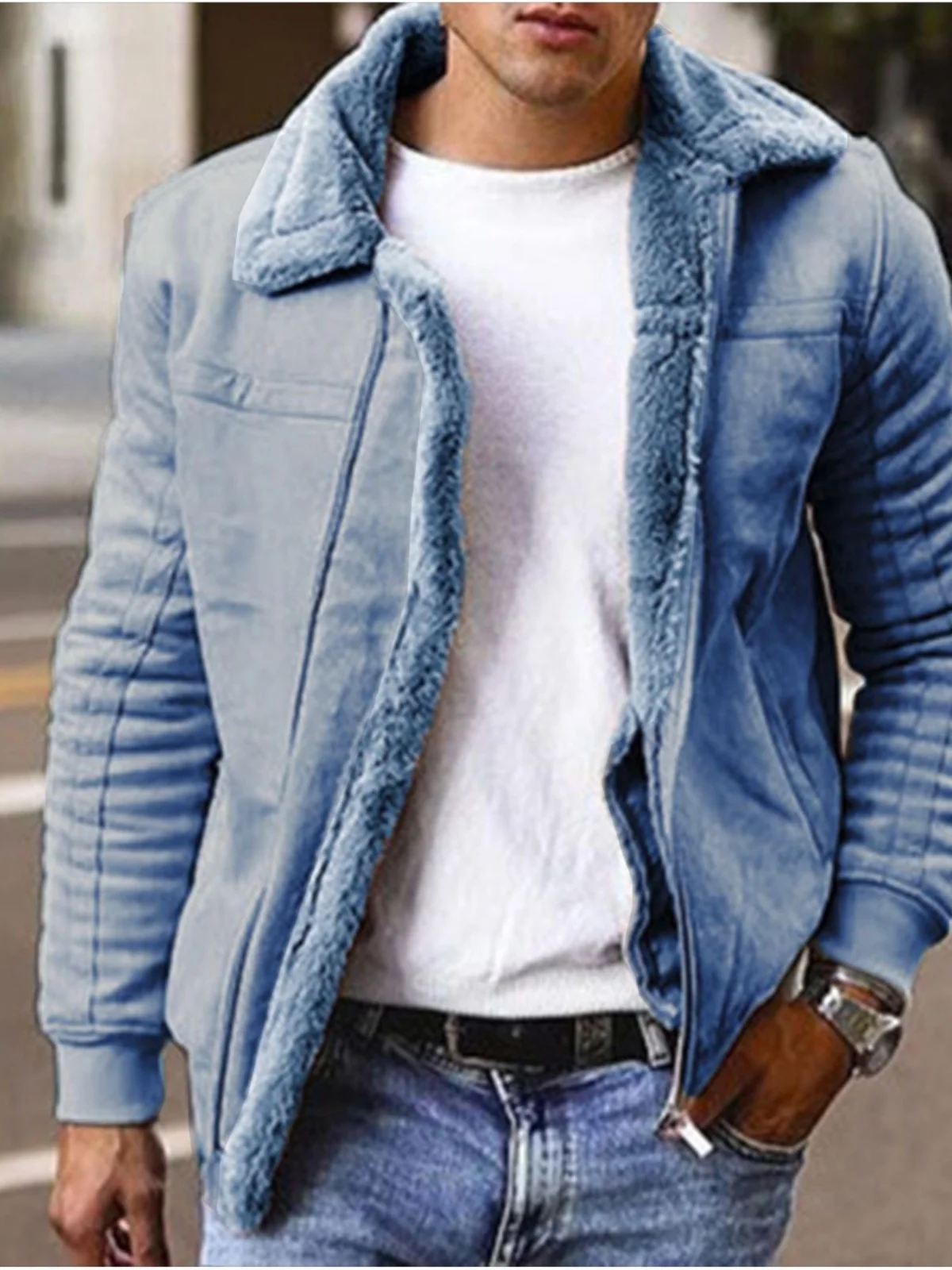 

AngloAmerican Simple Imitation Fur Coat Men's Jacket Leather Velvet Outerwear Slim Fit Winter Long Zipper Closure Color