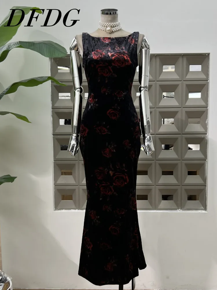 DFDG 2025, Frühling, Sommer, Damen, Vintage, eleganter Druck, Rundhalsausschnitt, ärmelloses Kleid, figurbetontes Meerjungfrau-Abendkleid