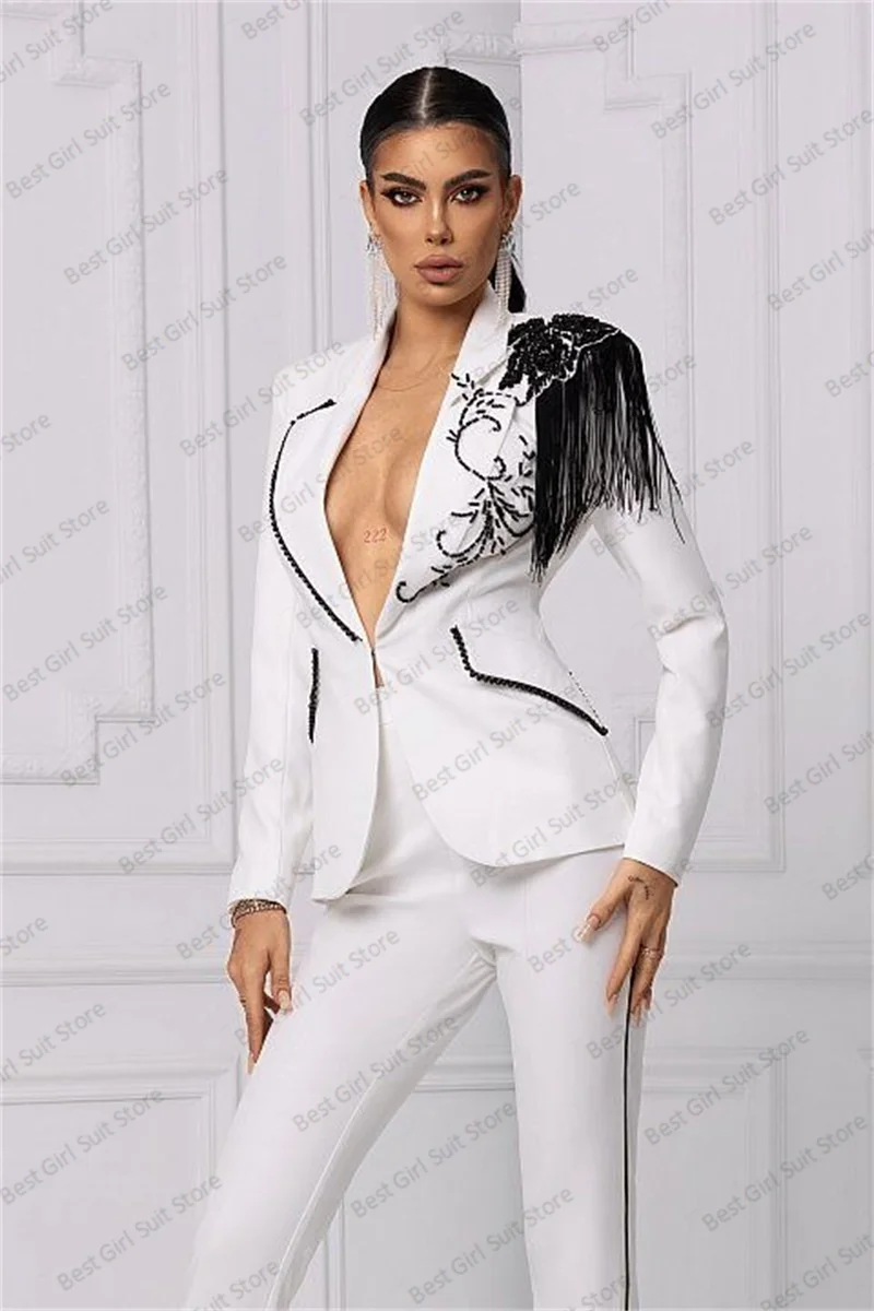 Witte Bruiloft Damespak Set Blazer + Broek 2 Stuks Gast Prom Jurk Zwarte Kralen Kanten Kwastje Feestjas Op Maat Gemaakt