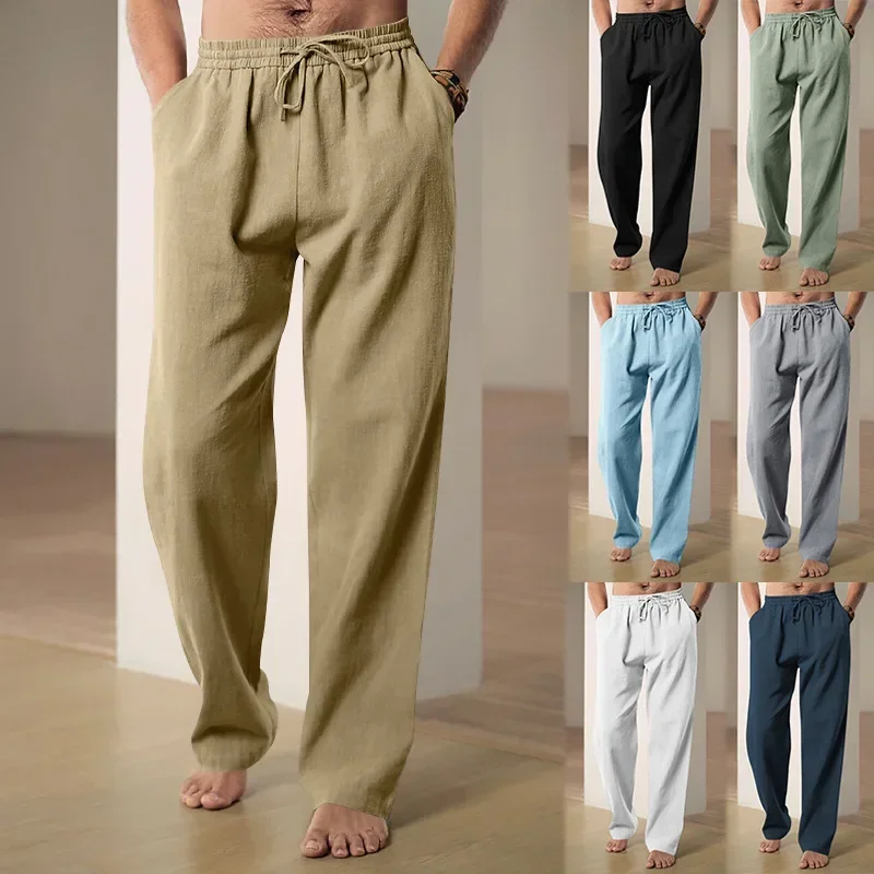 

New Cotton Linen Men's Summer Casual Straight Leg Pants Casual Loose Tracksuit Trousers Solid Elastic Waist Drawstring Pants