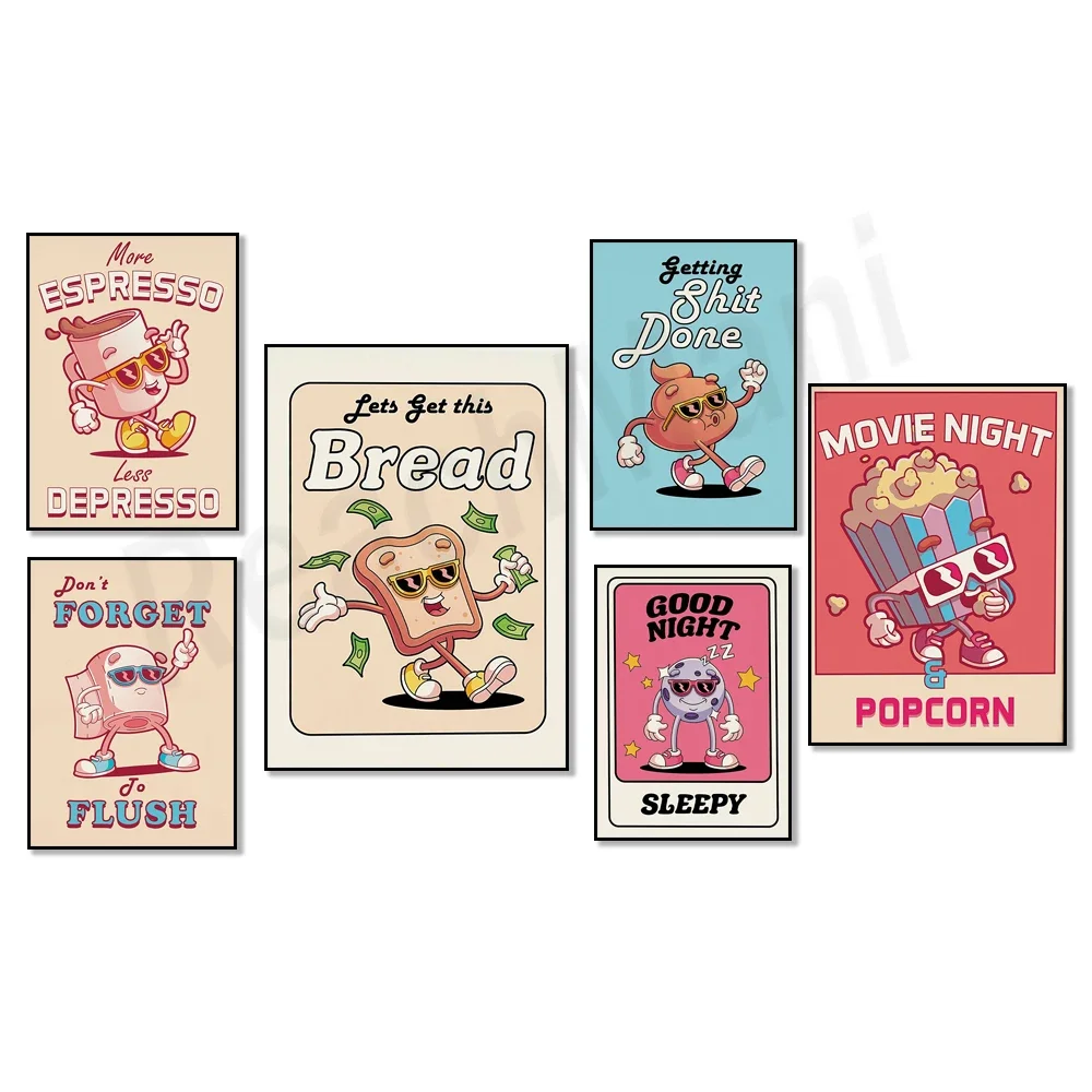 Vintage character print, coffee art, popcorn, pizza, good morning art, easy squeeze a lemon, retro colors, trendy wall decor art