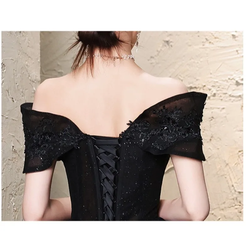 2025 novo vestido de noite preto brilhante de um ombro feminino elegante banquete temperamento de alta qualidade pequeno exame de arte vestido anfitrião