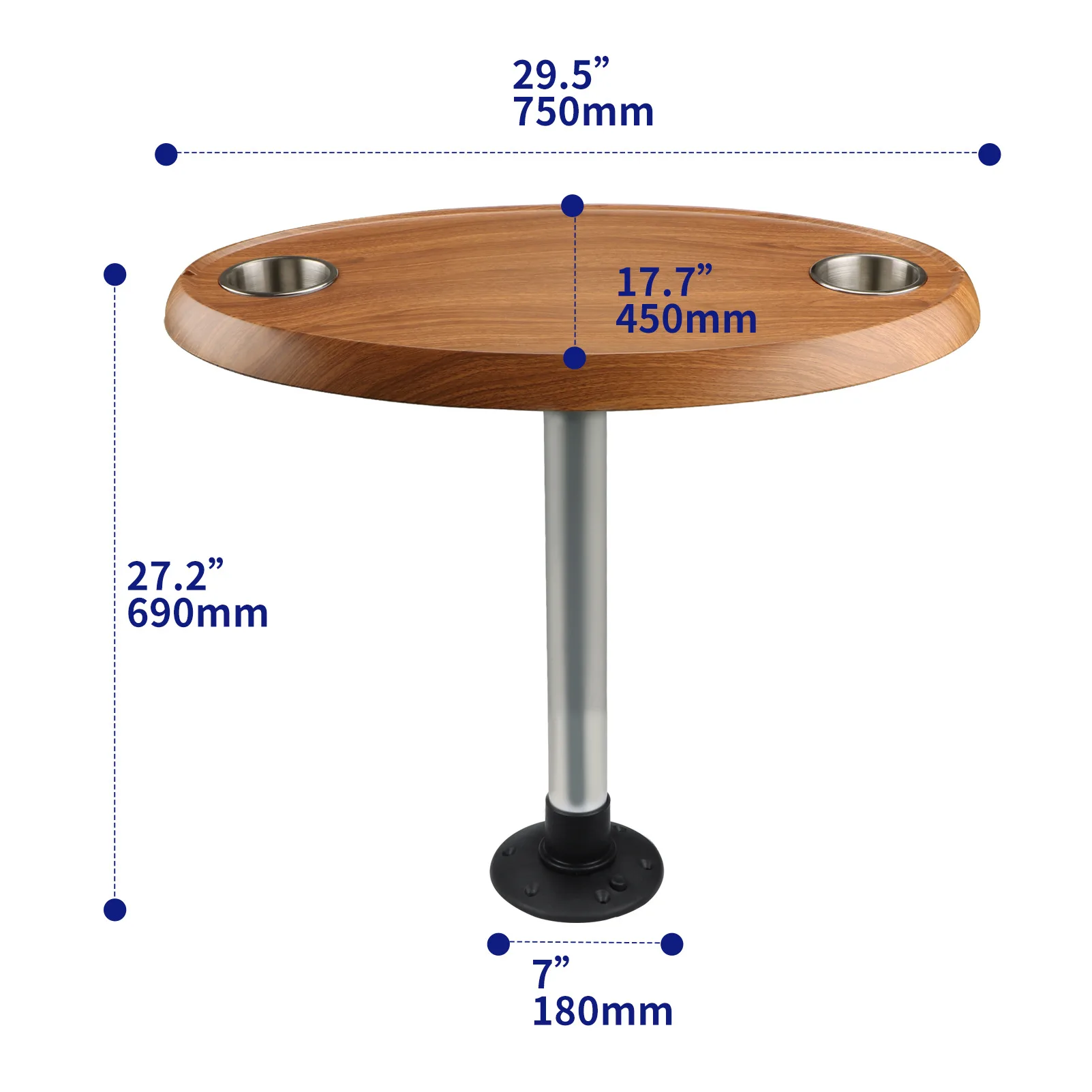 Oval Elliptical Marine Boat Table Thread-lock Pedestal Leg with Built-in Cup Holder Dining Desk for Yacht Pontoon Pleasure Boat