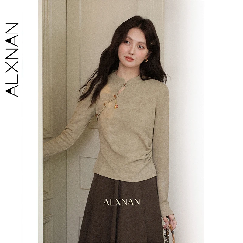 ALXNAN, camiseta para mujer, nuevas camisetas de manga larga de algodón de estilo chino, camisetas elegantes informales con diseño de hebilla de otoño para mujer L57266