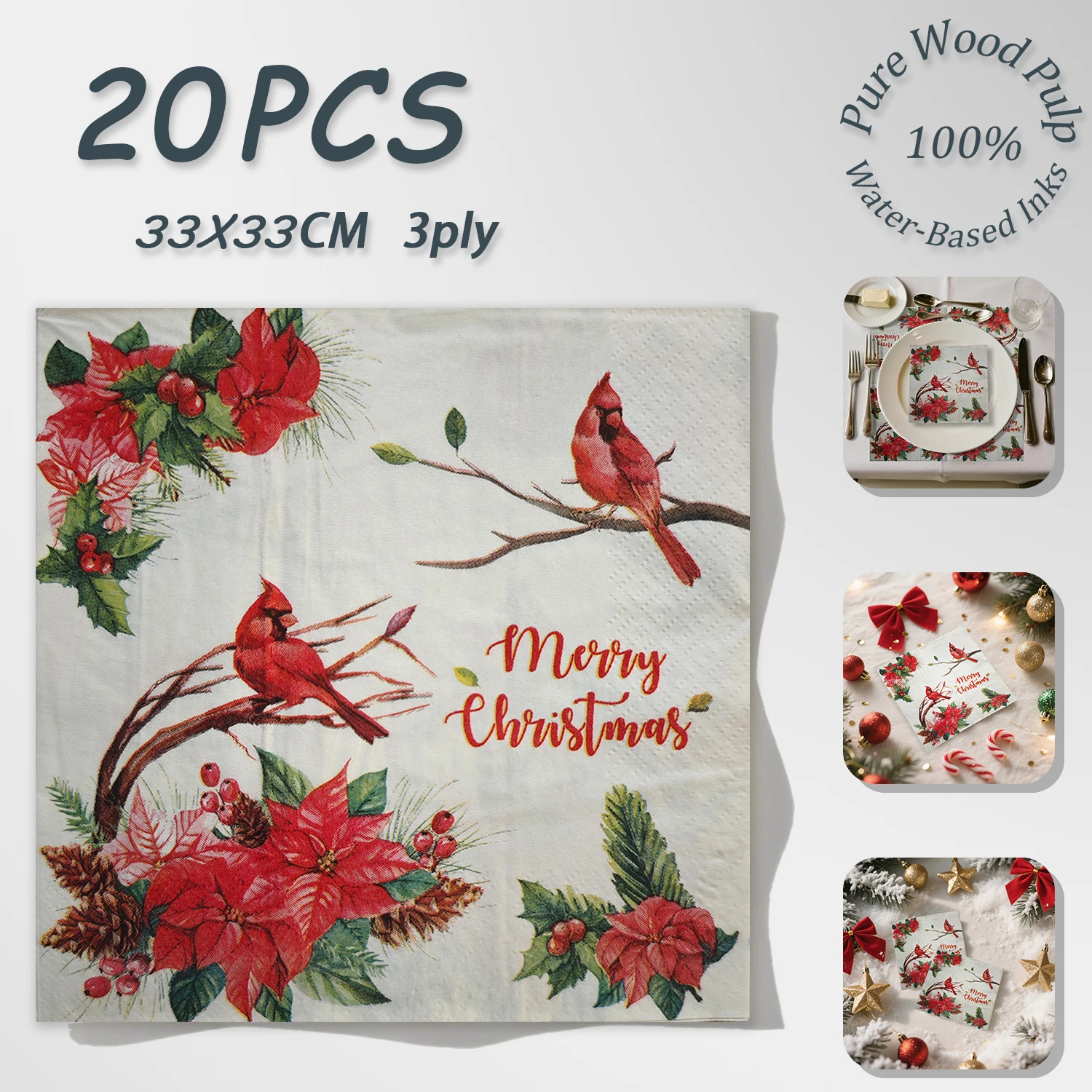 20 قطعة مناديل ورقية لعيد الميلاد الاحتفالية - تصميم طائر الكاردينال والبونسيتة وهولي التوت، مناديل ديكوباج للاستعمال مرة واحدة مقاس 33 × 33 سم