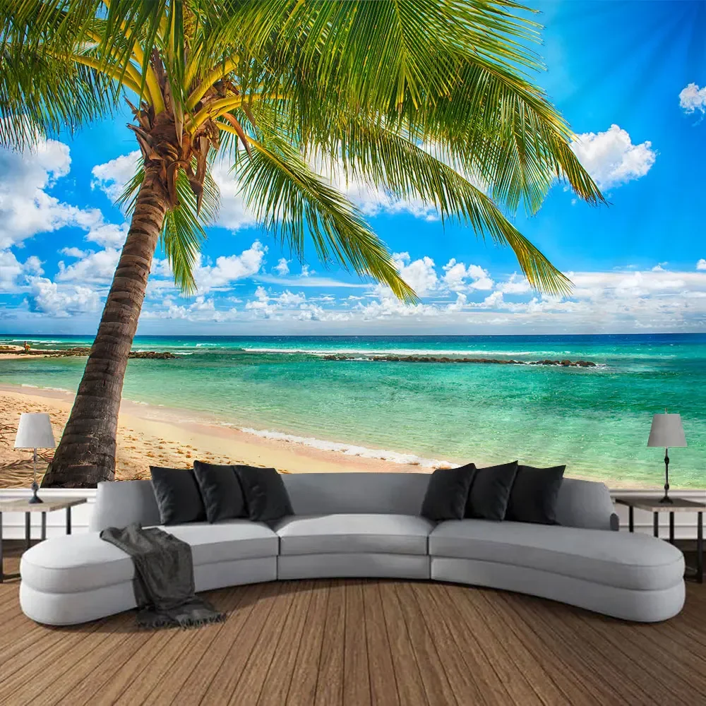 Seaside Outdoor Landscape Tapestry Blue Sky Beach Coconut Tree Tropical Nature Landscape Bedroom Wall Hanging Living Room Mural