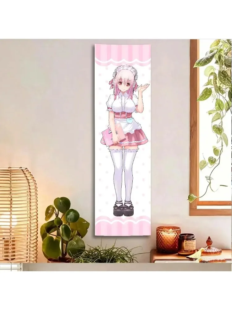 Super Sonico Maid Outfit Vertikaler Wandteppich, Rosa Polka Dot Wandrolle, Kawaii Anime Lange Hängedekoration für Schlafzimmer, Otaku-Zimmer