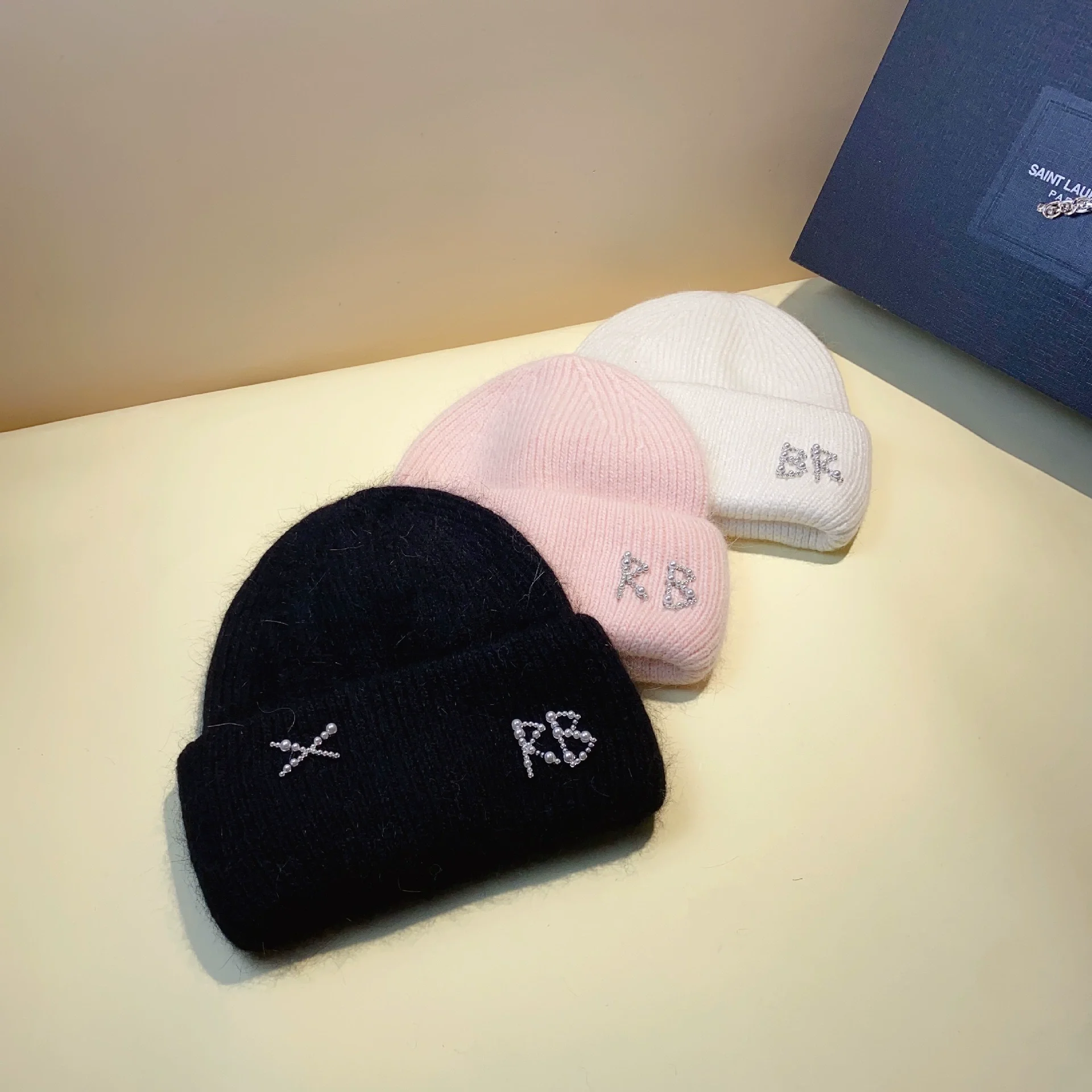 Soft Waxy Double Fold RB Standard Angora Rabbit Hair Thickened Knit Hat Korean Edition Warm Wool Hat Fashion