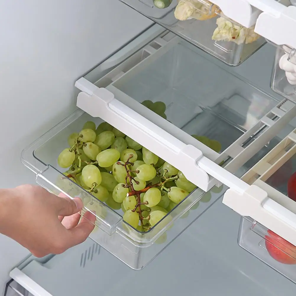 Ausziehbare Kühlschrank-Schubladen-Organizer, Aufbewahrungsbox für Lebensmittel, Aufbewahrungsbox mit großer Kapazität, transparenter Kühlschrank-Aufbewahrungsschubladenbehälter