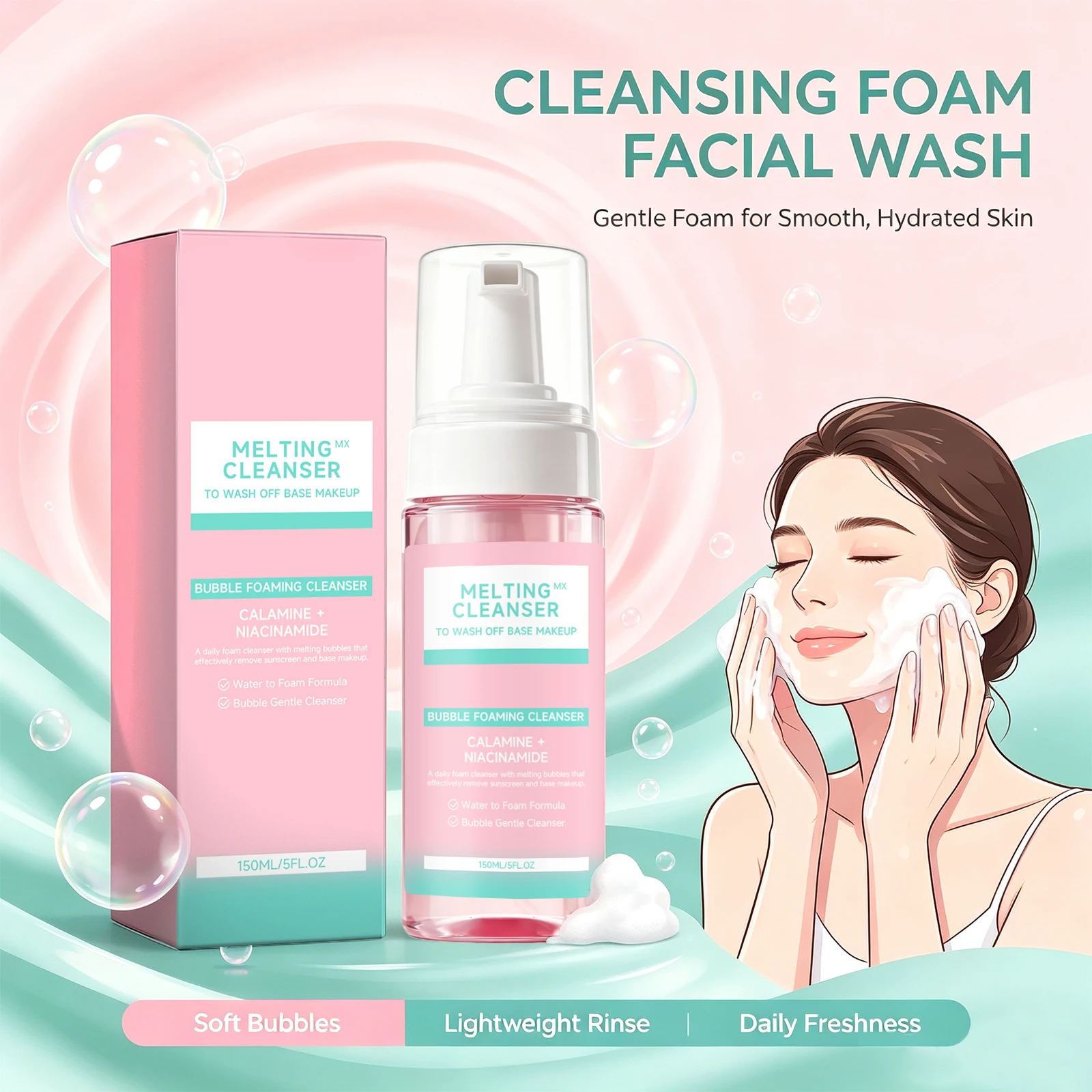 Calamine & Niacinamide Foaming Cleanser Mousse Remove Daily Sunscreen Oil Control Deep Cleansing Skin Hydrating Facial Cleanser