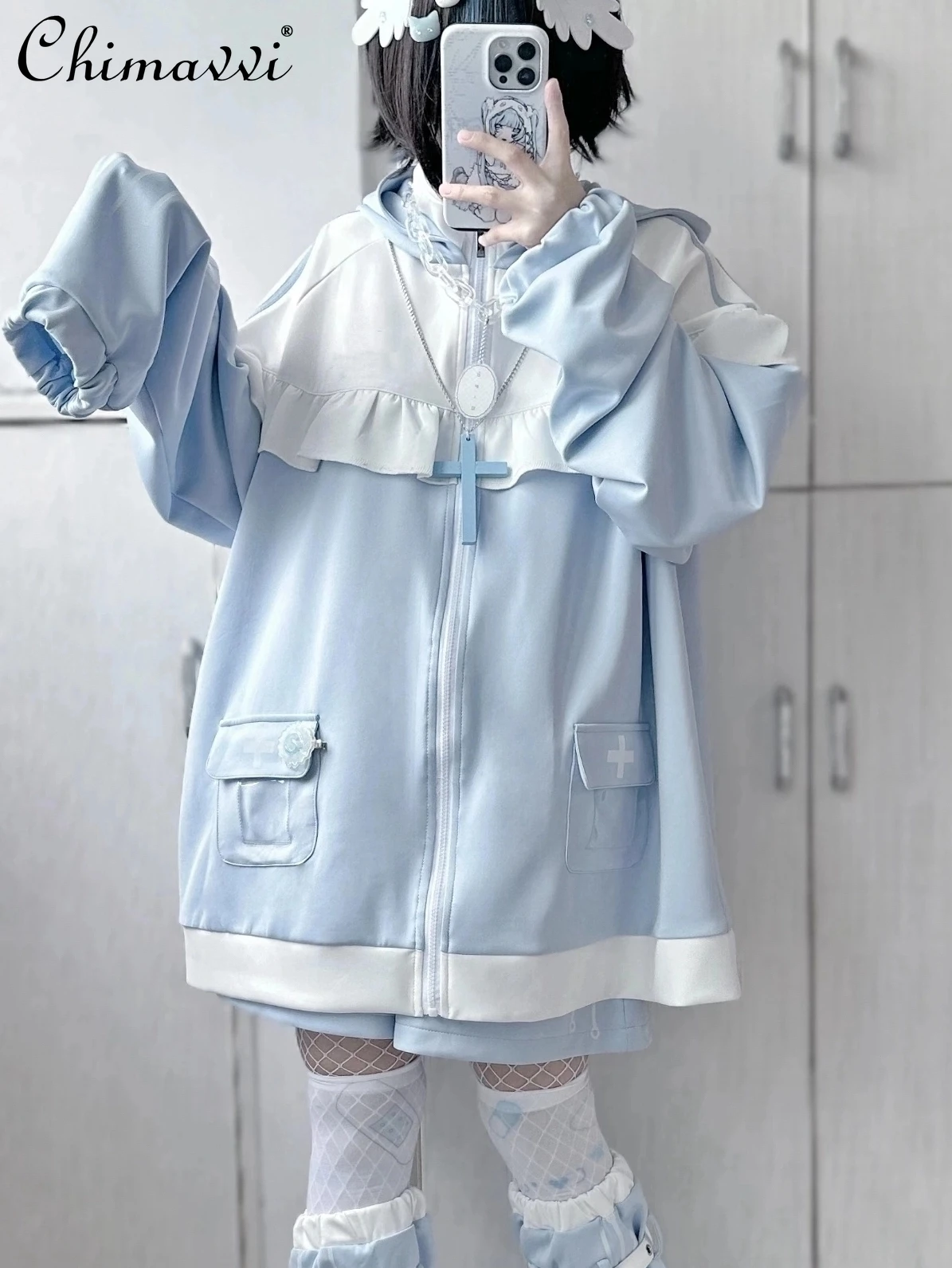 Original Japanese Subculture Y2k Mine Water System Shorts Set Sweet Cat Ears Loose Hooded Jacket Shorts Girl's Women Outfits