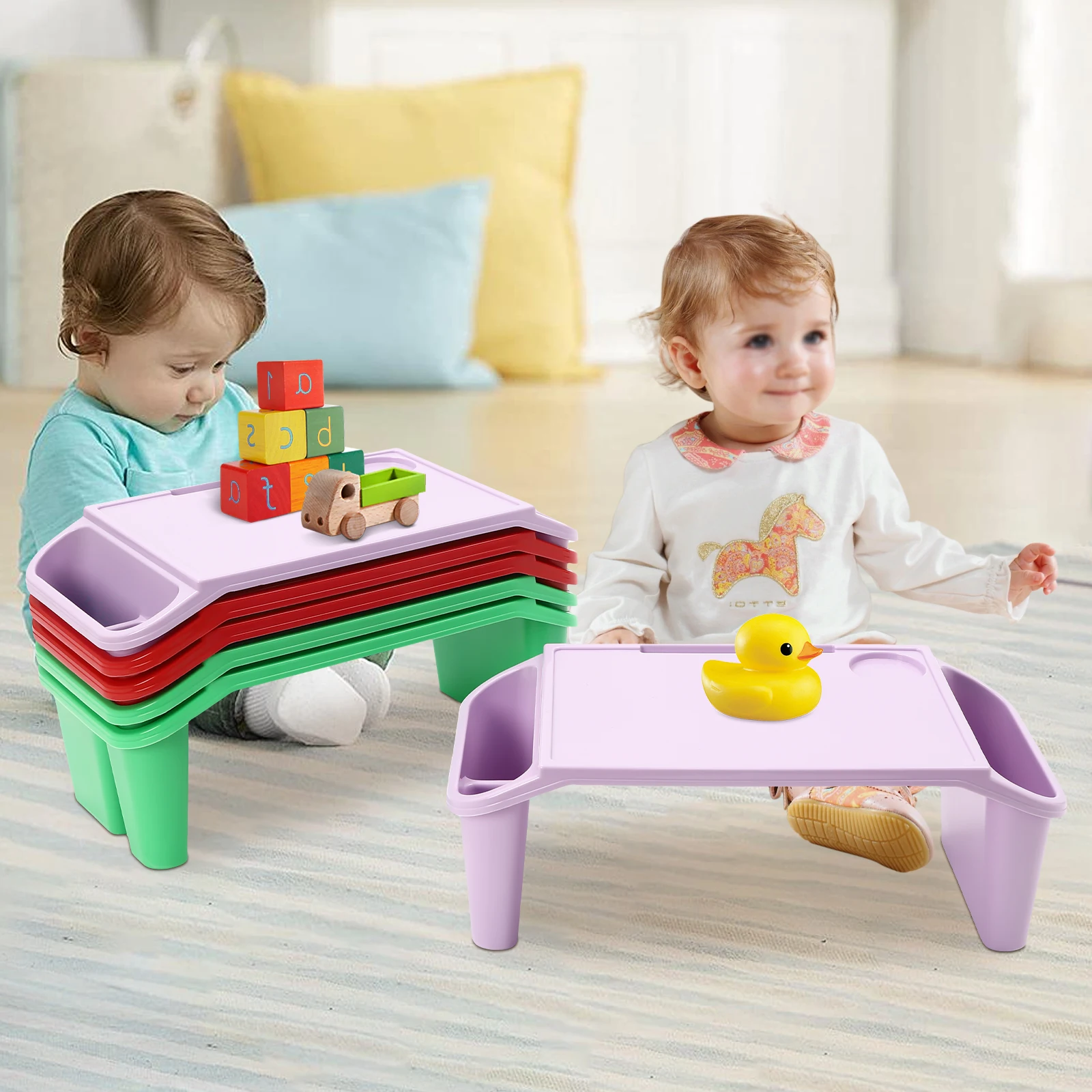 6Pcs Red Green and Purple Children's Laptop Table with Side Storage Multifunctional Movable Dining Table Used in Kindergartens