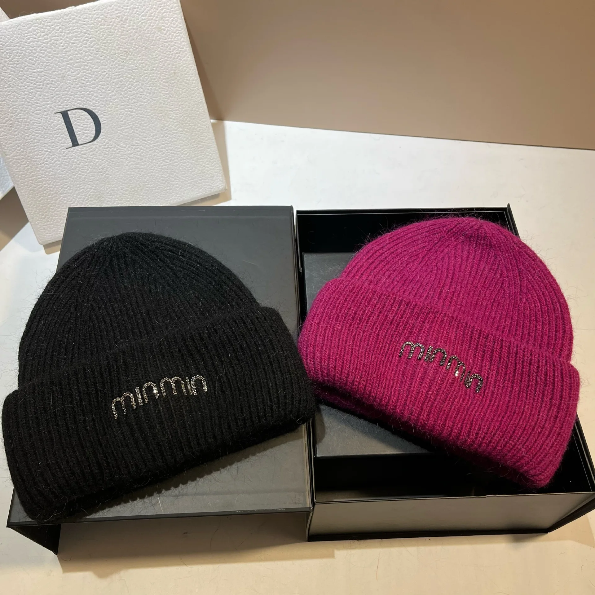 Luxury Rhinestone Knitted Hat  Real Rabbit Fur Wool Cap Unisex Fashion Winter Warm Bonnet Beanies