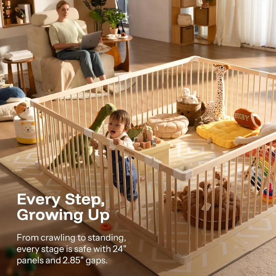 Kojec dla dziecka, drewniany kojec dla niemowląt i małych dzieci, duży plac zabaw, ogrodzenie dla dziecka, strefa zabaw, 181,5 x 202,5 x 61,5 cm