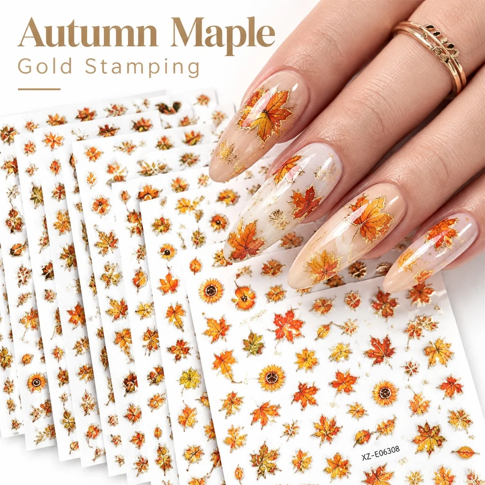 12 Stück 5D-geprägte, elegante Nagelaufkleber, Herbst-Eichhörnchen, Kaninchen, Ahornblatt, Goldfolien-Abziehbilder, Nagelaufkleber-Set – Detail 1