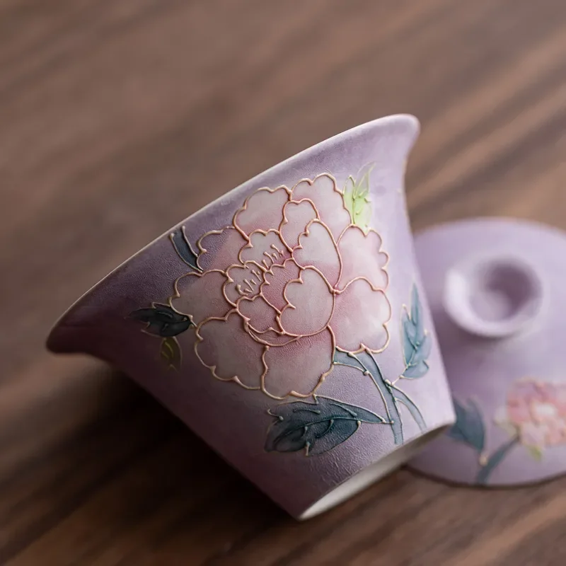 Hand Painted Peony Ceramic Gaiwan Tea Bowl Traditional Chinese Kung Fu Tea Set Single Cup Heat Resistant Household Teaware