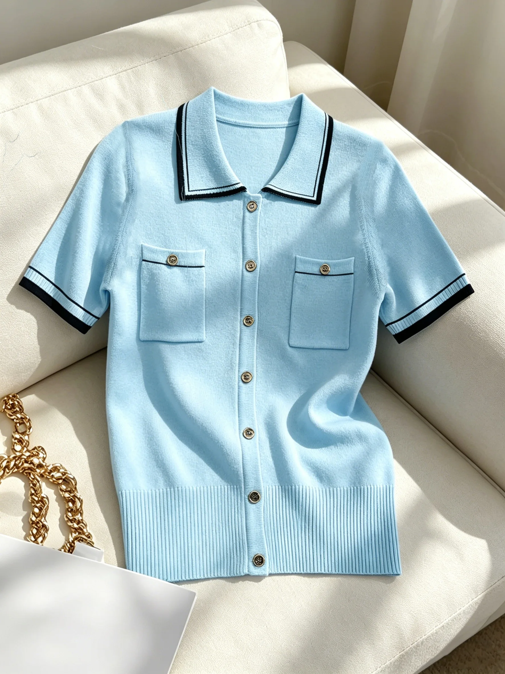 Women's plus size spring/summer knitted short sleeved, contrasting lapel fake open chest trendy knitted T-shirt