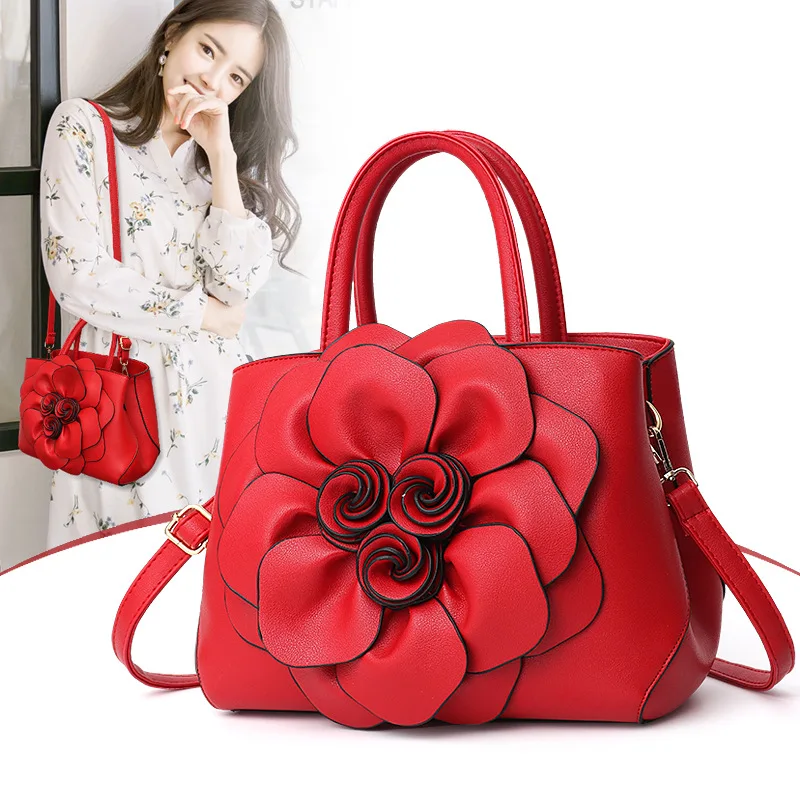 Spring Solid Color College Style Women\'s Bag PU Leather Flower Hand Shoulder Bag Cute Bag