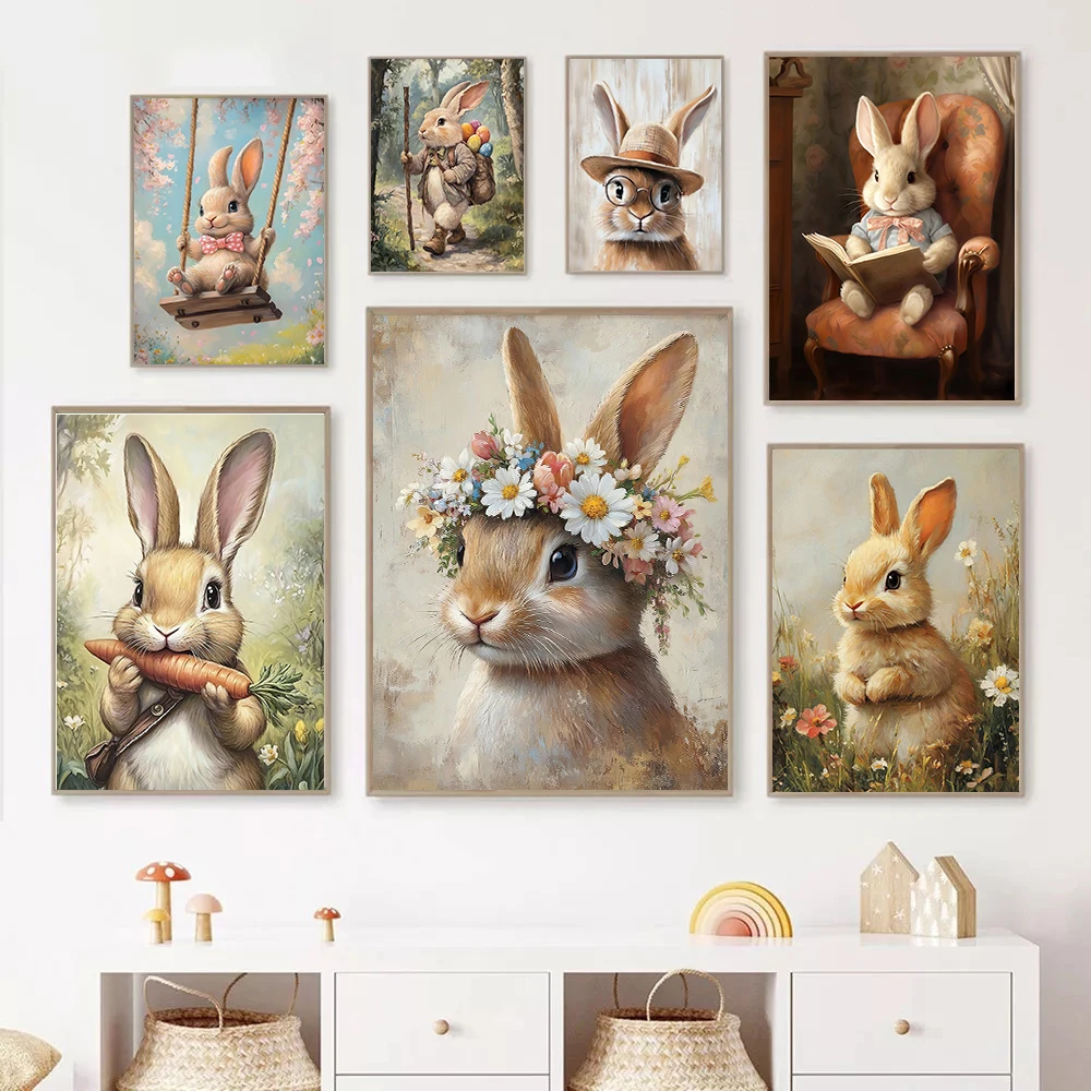Niedliches, verspieltes Hasen-Kunstposter, Vintage-Hase, Baum, Blume, Karotte, Leinwanddruck, moderne Inneneinrichtung, Heimdekoration