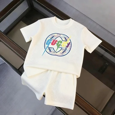 

2026 Men's Luxury GG Style Lightning Print 2 Piece Outfit, Waffle Knit T-shirt + Shorts Set, Casual Designer Inspired Tracksuit