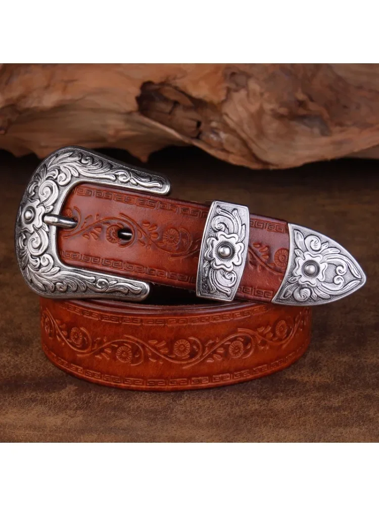 Ceinture Vintage en cuir véritable pour hommes, en cuir de vache, Punk, boucle en métal, Cowboy, ceintures occidentales