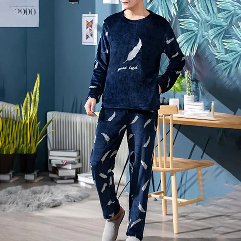 2 Pcs/Set Casual Men Long Sleeve Nightwear Set Two-piece Nightwear Set Thick Warm Flannel Pajama Sets Homewear Clothes