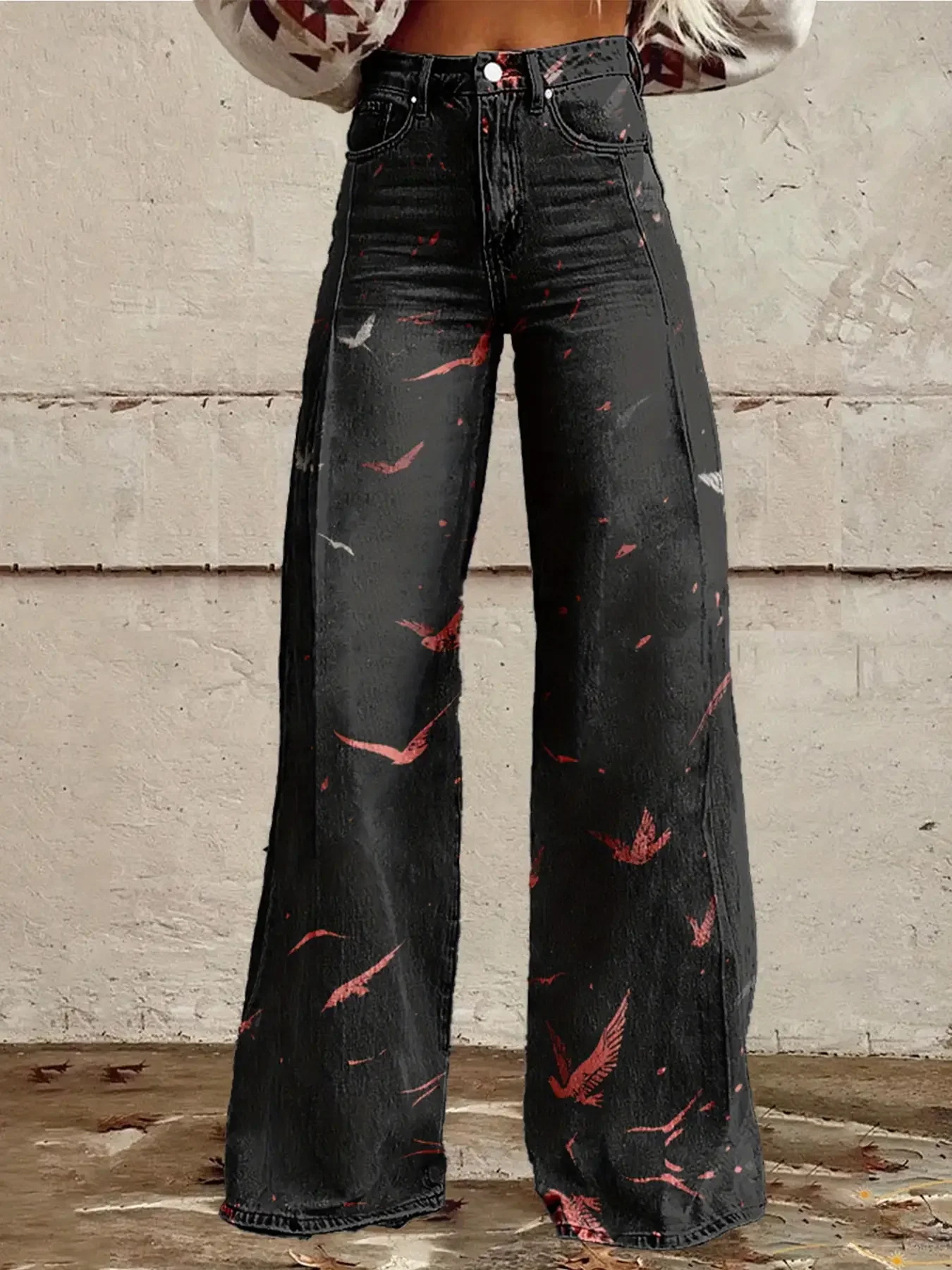 2026Women's imitation jeans printed with various high waisted flared pants, retro fashion, Ladies' high waisted wide leg jeans