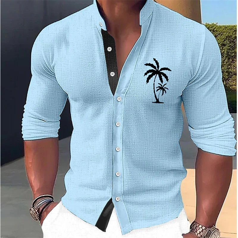 Coqueiro dos homens Imprimir Stand Collar Camisa de manga comprida, Streetwear ao ar livre, elegante Street Chic Design, Casual S-6XL