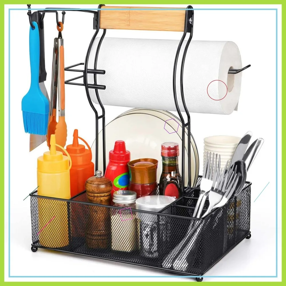 

Outdoor Grill Caddy with Paper Towel Holder, Multi-Compartment Storage Organizer for Camping and Barbecue Accessories
