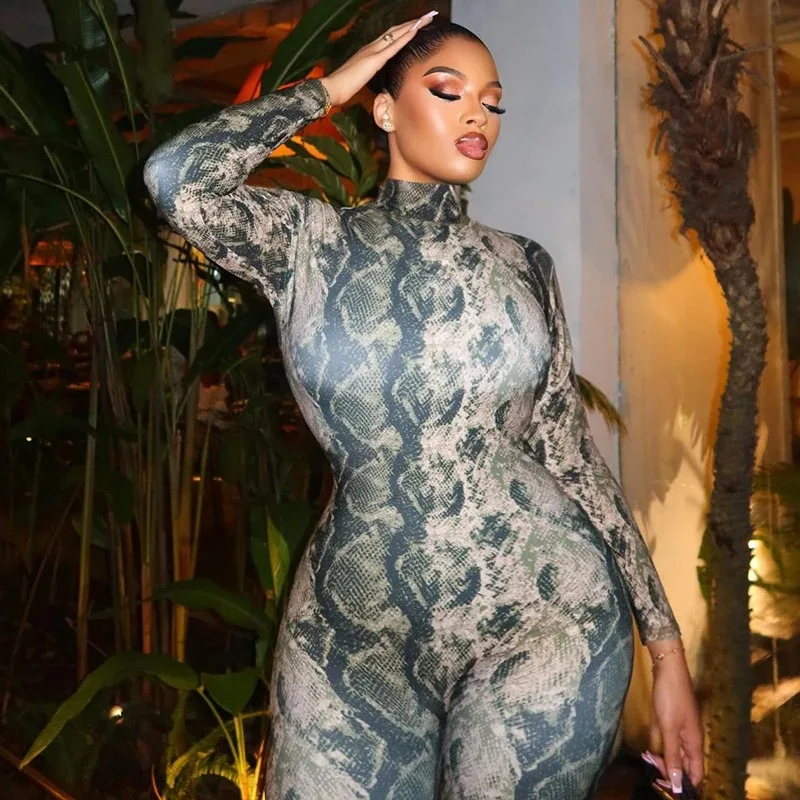Sexy Foot Jumpsuit Women Snake Print Autumn Trend o-Neck Full Sleeve Stretch Skinny Street Clubwear Zip Slim Overalls