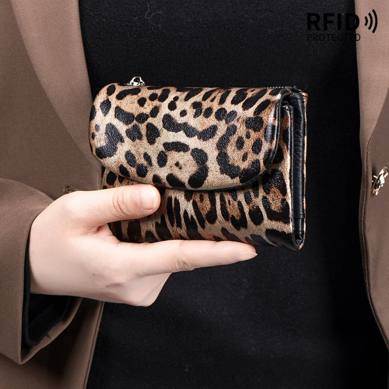 Western Leopard Print RDIF Blockig Cowhide Leather Women Wallet Fashion Large Capacity Card Holder Purse for Ladies