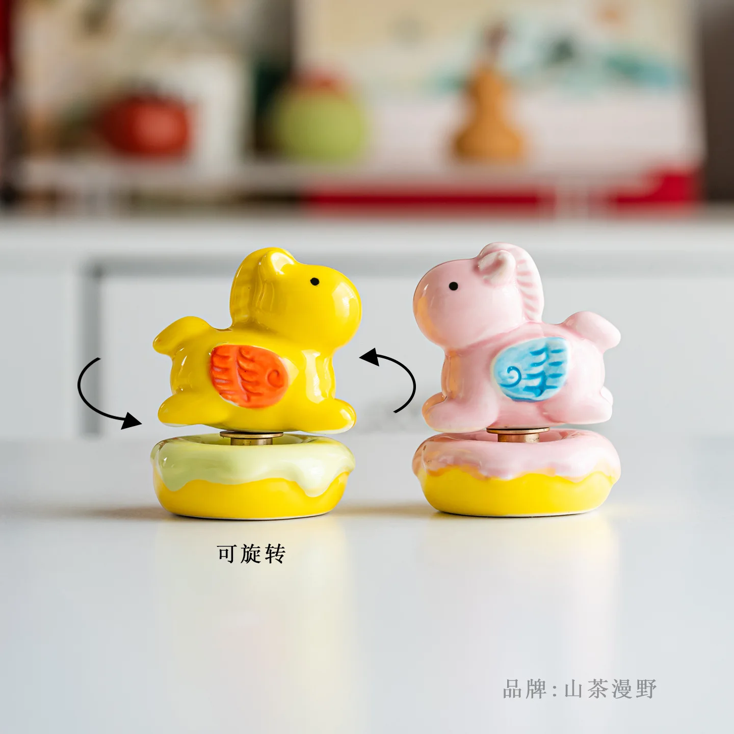 Cute Doughnut With Rotating Yellow Horse. A Calming Children's Room Office Desk Decoration. A Vehicle Mascot Decoration