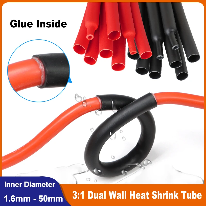 

1 -10m 3:1 With Glue Heat Shrink Tube 1.6 ~ 50mm Red Black Polyolefin Dual Wall Shrinkable Adhesive Lined Insulated Cable Sleeve