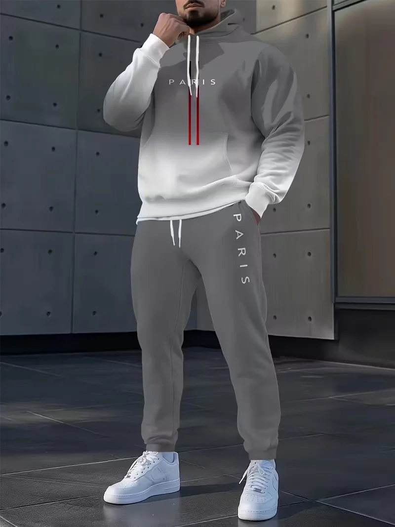 

Fashion Simple Style Paris Letter Printed Hoodie Suit Gradient Color Two-piece Set Autumn And Winter Sports Tracksuit Streetwear