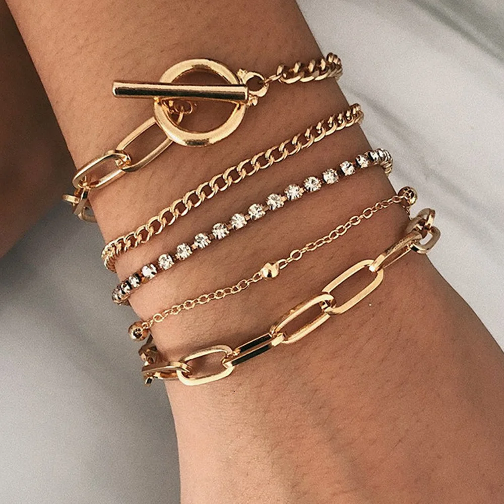 5PCS Set Punk Chain Bracelets Bangles 2024 Fashion Jewelry Punk Crystal Chain Bracelets Set for Women Charm Jewelry Gifts