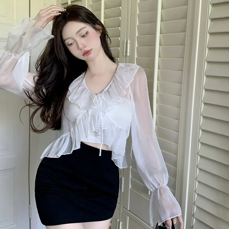 Women Long Sleeves Shirts Flared Sleeve Chiffon Cardigans Tops Summer Cropped Top for Sun Protection Lace-up Jackets