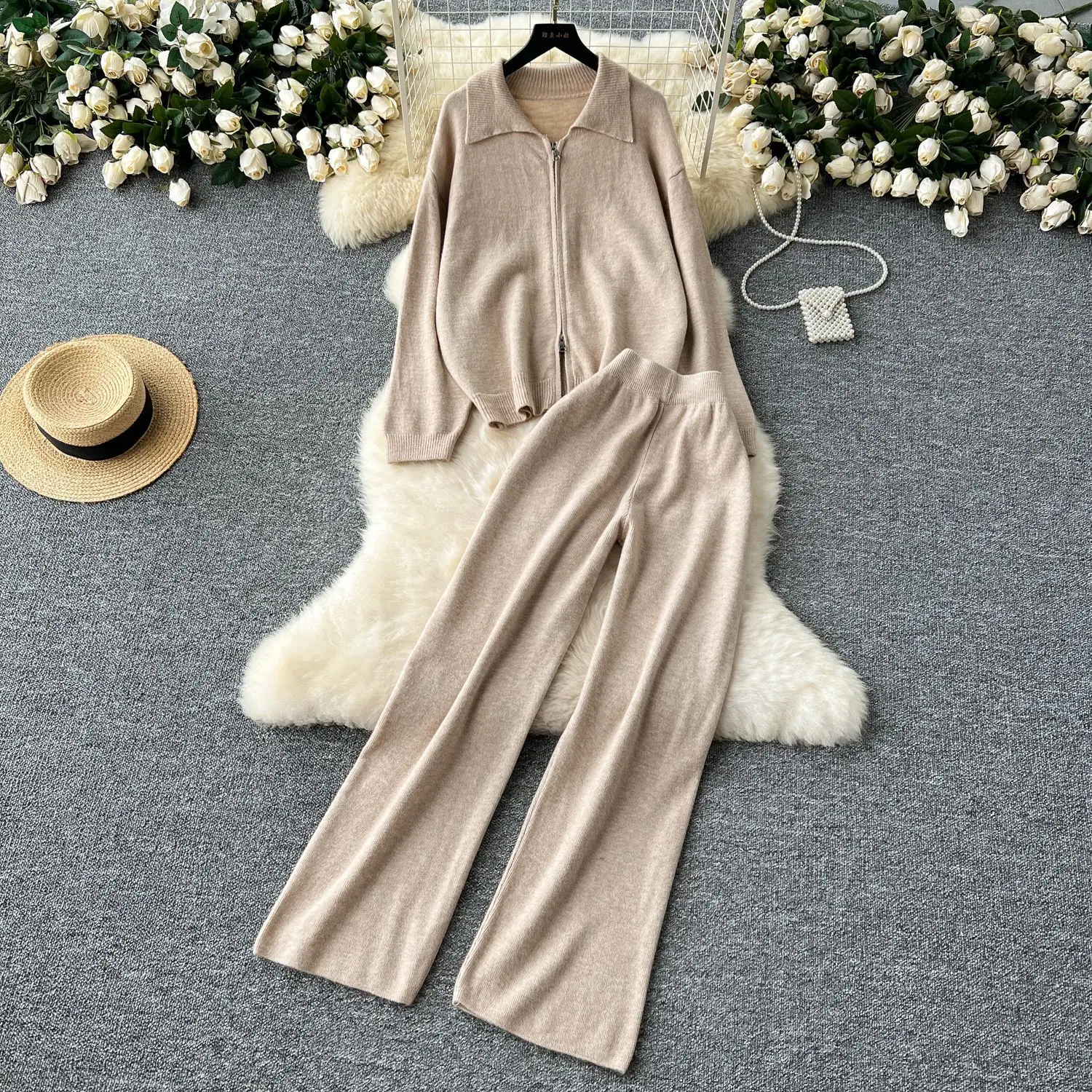 

Two Pieces Women Knitted Pant Sets Solid Matching Sets Zipper Turn Down Collar Cardigan Drawstring Wide Leg Pants 2025 Autumn