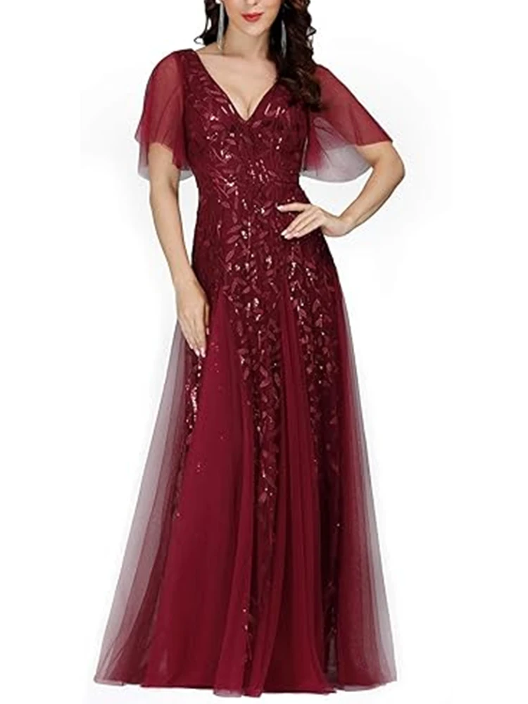 Damen-Abendkleid mit Pailletten, Glitzer, V-Ausschnitt, A-Linie, kurzen Ärmeln, Rüschenärmeln, Stickerei, Bankett, Brautjungfer, langes Partykleid