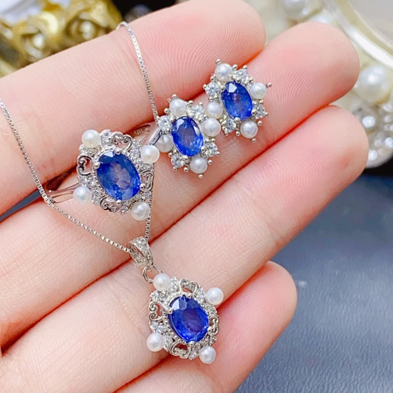 Natural Sapphire jewelry sets for women rings earrings pendant silver 925  luxury gem stones 18k gold plated free shiping items