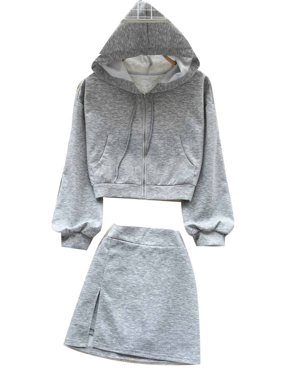 Conjunto de Dos Piezas para Mujer, Suda Informal con Cremallera y Falda Corta de Cintura Alta con Abertura, Estilo Versát...